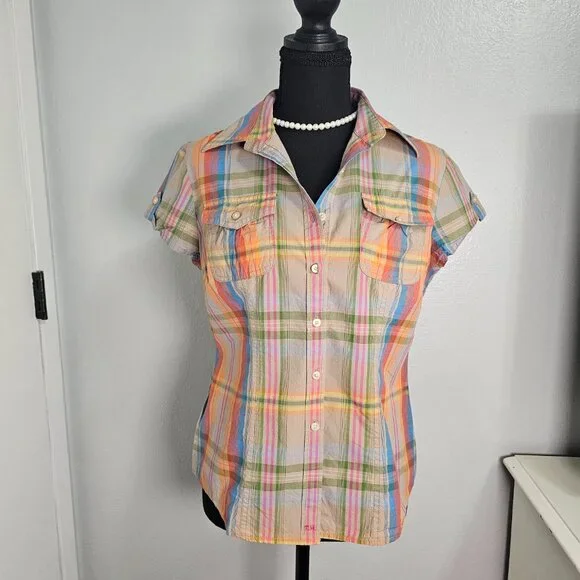 Tommy Hilfiger Multi-Color Plaid Button-Down Short Sleeves Shirt - Size Medium - Picture 2 of 6